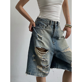 直筒高腰牛仔裤 复古水洗七分破洞阔腿裤 美式 AcupStudio江右上