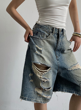 AcupStudio江右上 美式复古水洗七分破洞阔腿裤直筒高腰牛仔裤