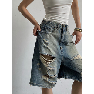 直筒高腰牛仔裤 复古水洗七分破洞阔腿裤 美式 AcupStudio江右上