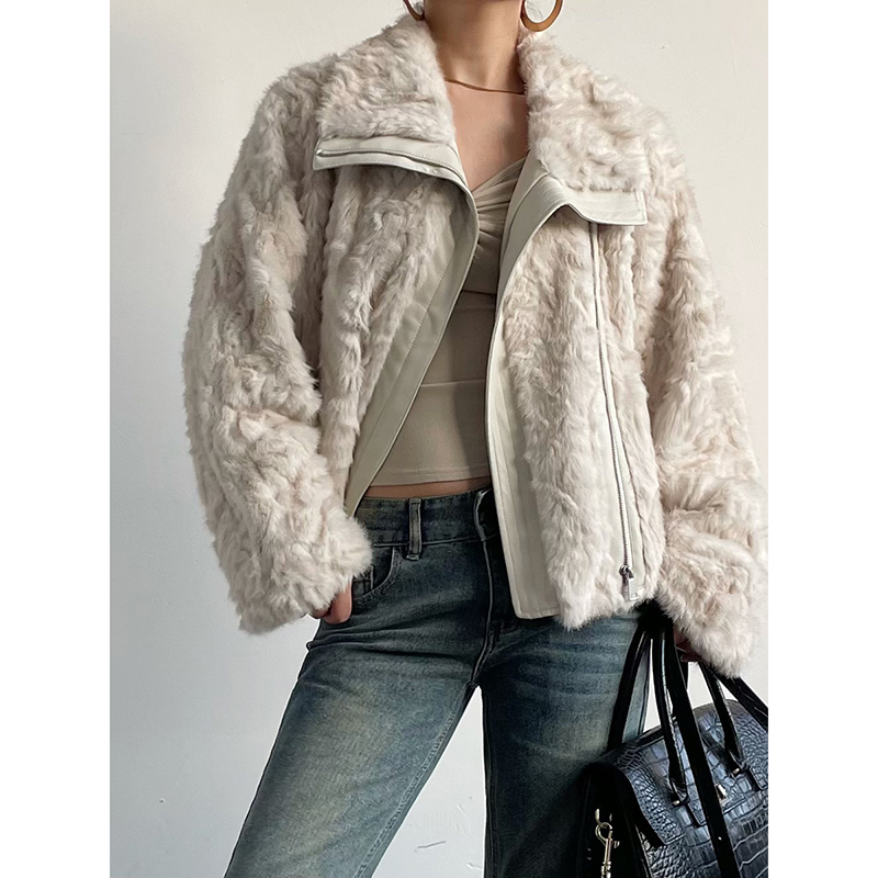 拉链拼皮宽松毛毛短外套女