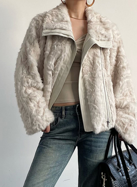 Acupstudio江右上 拉链拼皮毛毛短外套女新款冬季保暖翻领上衣