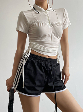 AcupStudio江右上 polo领美式褶皱抽绳短袖T高腰修身薄款内搭打底