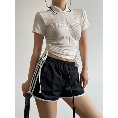 蕾丝边侧边抽绳POLO上衣女