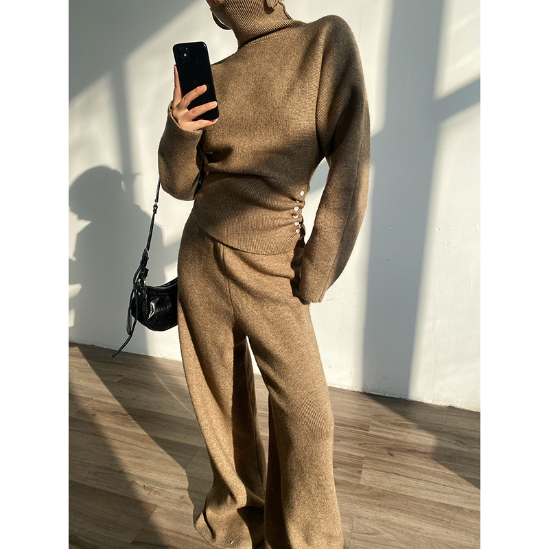 侧排扣收腰毛衣拖地阔腿裤套装