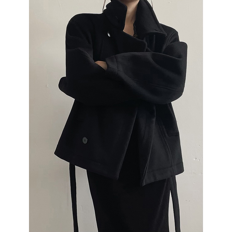 AcupStudio江右上 设计感黑色短款绑带羊毛大衣女秋冬季毛呢外套