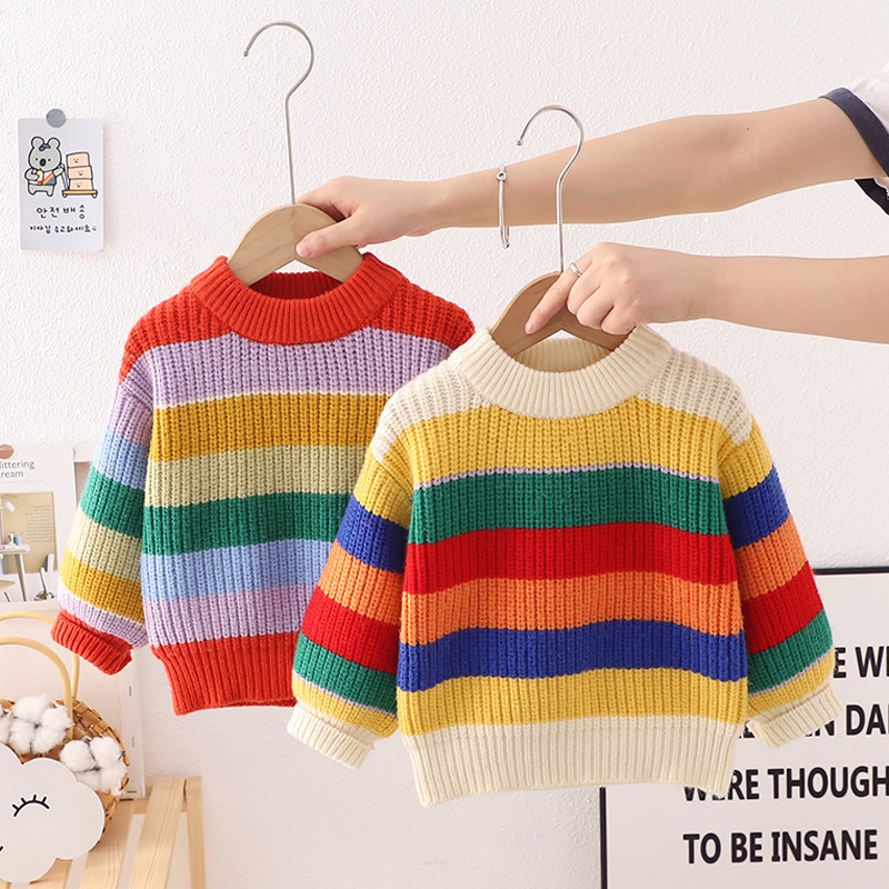 儿童彩虹条纹毛衣秋冬洋气女童圆领套头针织打底衫保暖男宝宝线衣