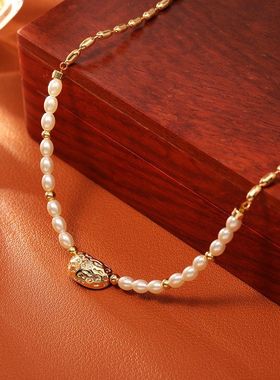 抖音爆款椭圆豌豆珍珠项链简约时尚高级感气质百搭铜镀真金锁骨链