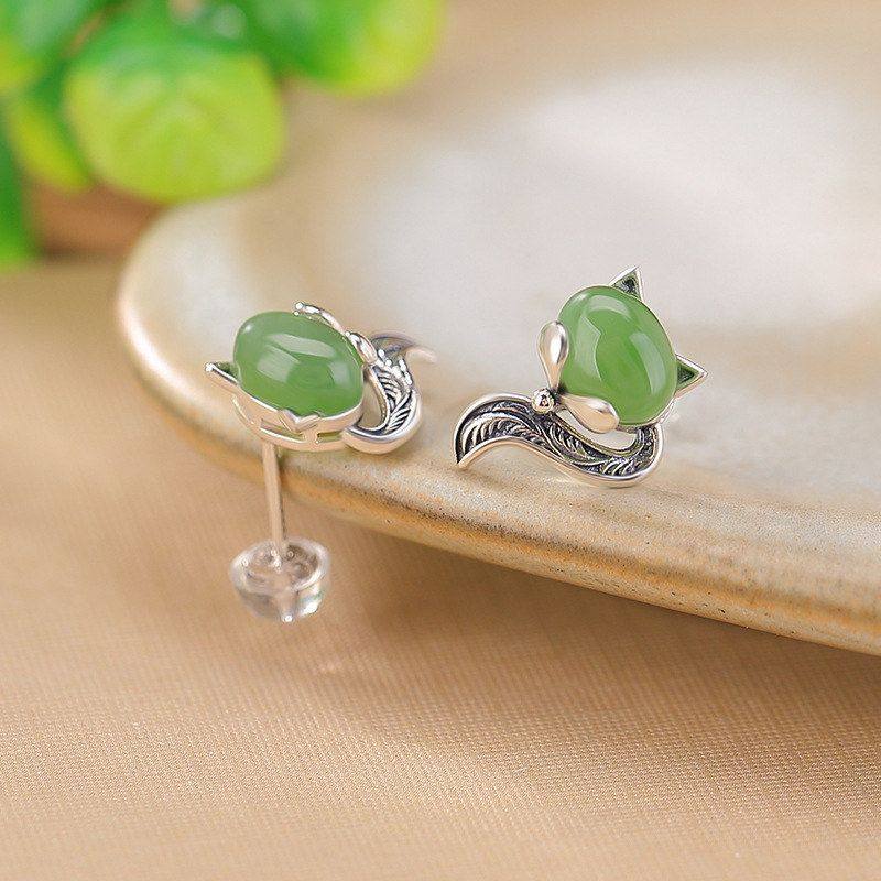 S925纯银南红和田玉碧玉复古做旧唐草纹狐狸蛋面耳钉银耳饰,饰品/流行首饰/时尚饰品新,耳钉,淘宝优惠券,粉丝福利购,淘宝优惠卷