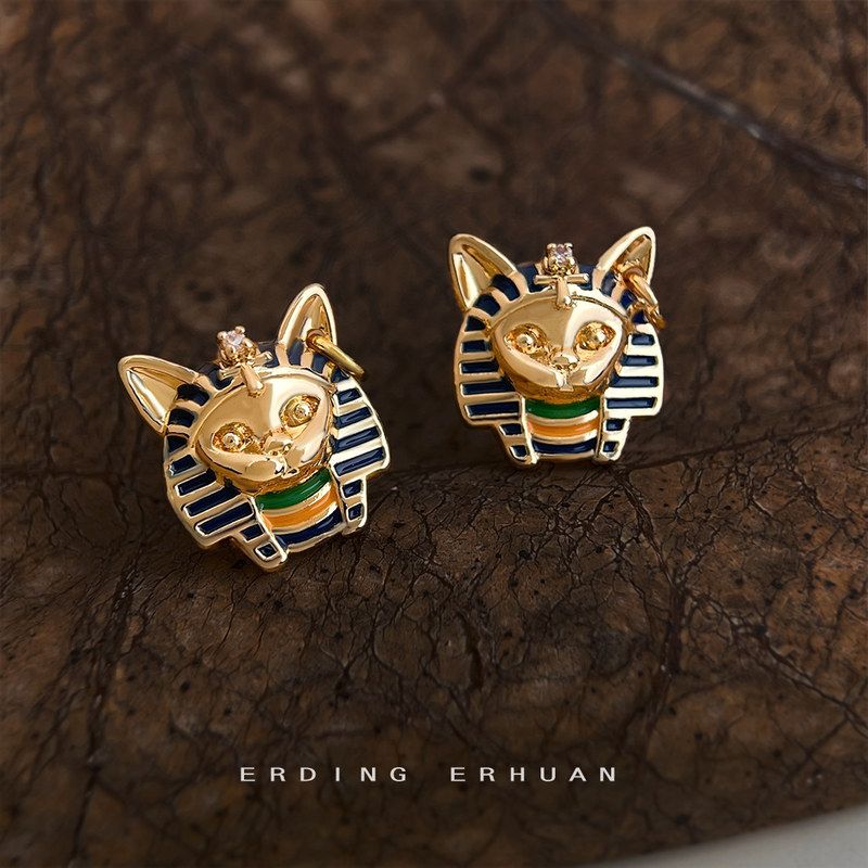 原创中古风埃及猫头法老925银针镀14K珐琅滴釉彩绘耳钉工厂耳饰女图片