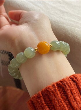 天然和田玉手链晴水老型珠搭配蜜蜡男女款时尚清新单圈手串