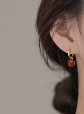 925银针红色方形耳环新款爆款小众高级耳钉本命年女耳饰