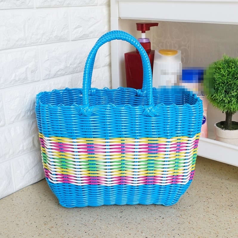 复古彩色莱篮塑料编织购物篮手提菜篮子宠物框买菜洗澡篮浴室藤编