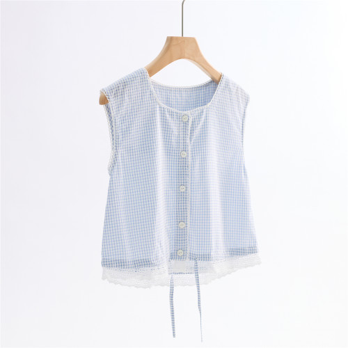 annuus/全棉格子提花花边收腰开衫上衣Buttoned check Blouse