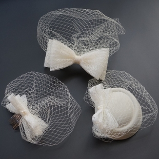 新娘婚纱复古蕾丝旗袍礼服配饰网纱面纱小礼帽头饰女蝴蝶结发饰冬