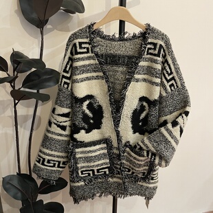 高品质慵懒风复古提花流苏针织开衫女2025秋冬新款宽松百搭毛衣潮