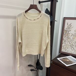 新款宽松波西米亚风串珠圆领针织衫女宽松慵懒风毛织罩衫绝美上衣