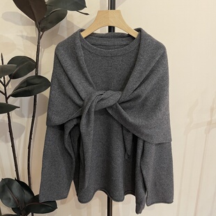 高品质韩系带披肩慵懒风软糯毛衣女秋冬新款高级套头棉羊毛针织衫