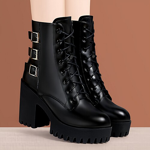 英伦风加绒马丁靴女冬季厚底粗跟中筒靴皮带扣高跟短靴旗袍走秀鞋