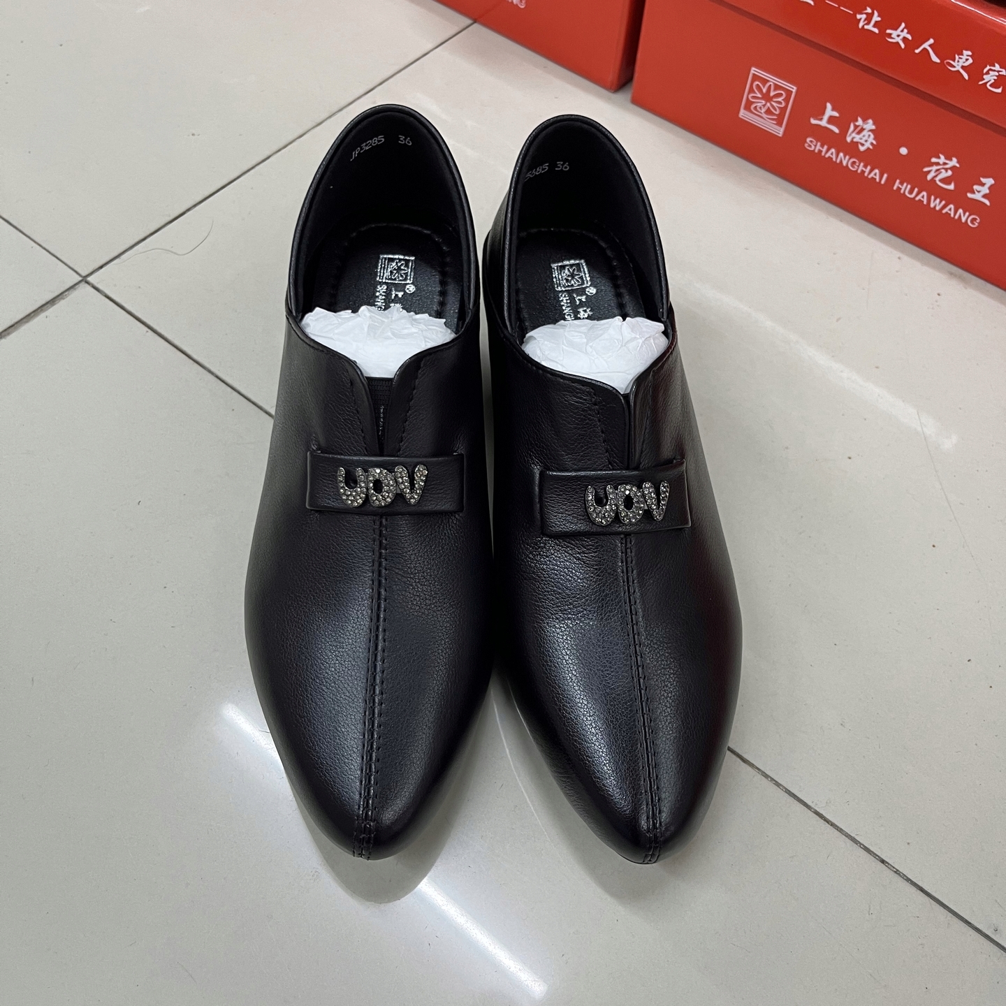 上海花牌真皮女鞋头层牛皮中跟室外尖头软底时尚舒适单鞋百搭粗跟