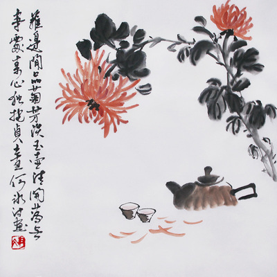 何冰诗词国画菊花鸟纯手绘书画收藏字画挂画茶室装饰画水墨宣纸画