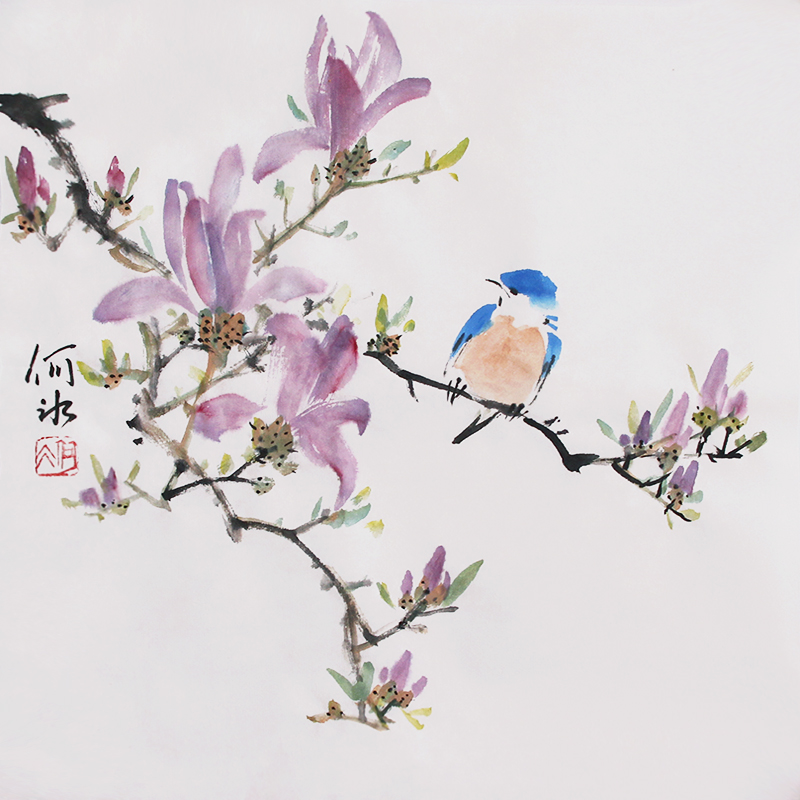 原创手绘小写意花鸟画玉兰花小鸟一尺斗方挂画水墨画宣纸未裱画芯