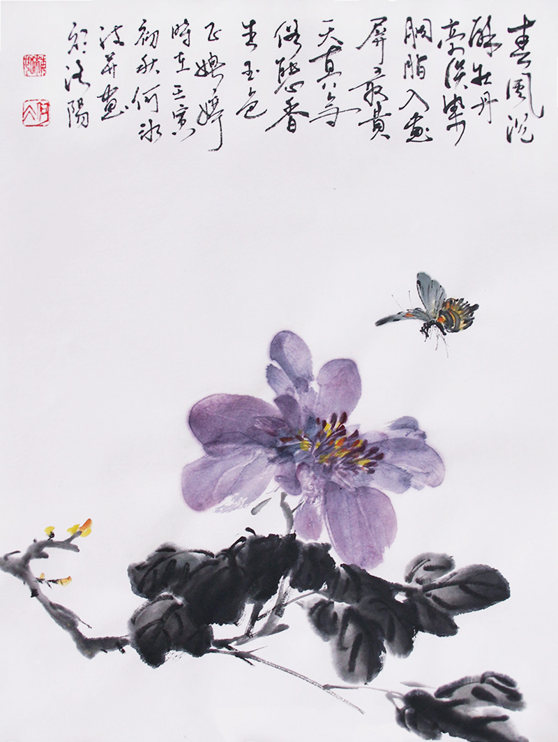 手绘牡丹诗词国画原稿书画芯46x34CM宣纸字画真迹挂画餐厅装饰画图片