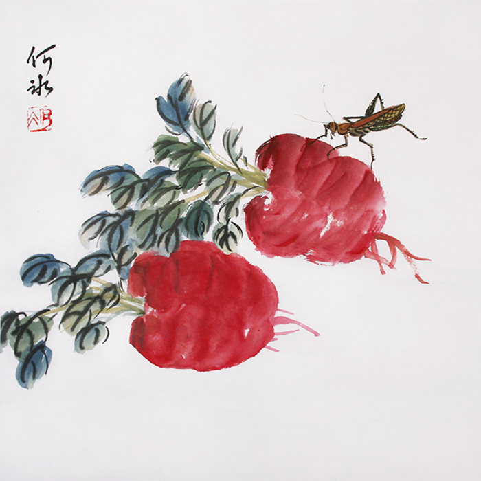 原创手绘国画瓜果蔬菜草虫书画芯宣纸中式水墨挂画餐厅装饰画斗方
