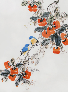 诗人画家何冰诗词国画柿子挂画纯手绘花鸟画四尺斗方字画真迹宣纸