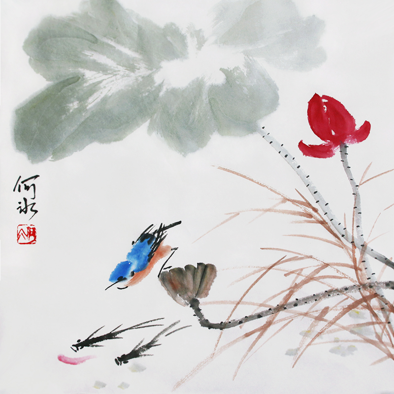 原创手绘国画小品荷花鸟画中式水墨画挂画无框装饰画宣纸书画真迹图片