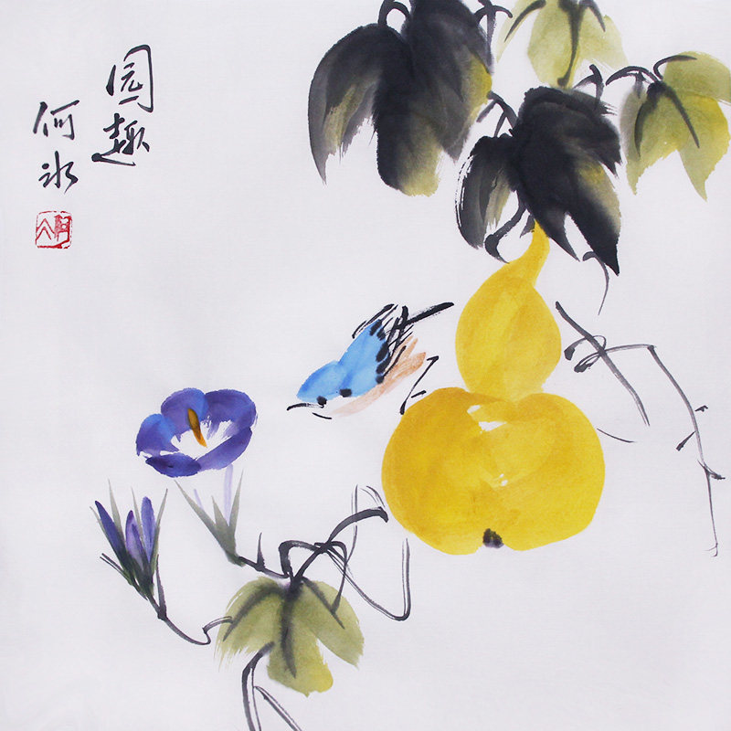 原创手绘葫芦国画小品斗方字画宣纸中式装饰花鸟挂画收藏书画真迹
