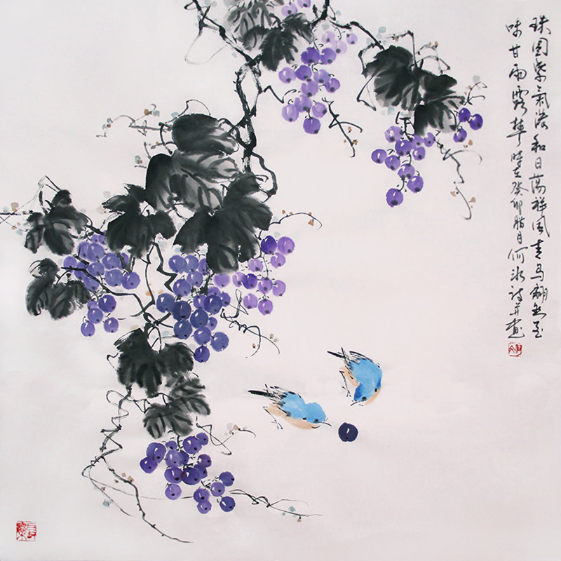 原创诗词国画葡萄花鸟画简约水墨画餐厅挂画四尺斗方字画手绘宣纸