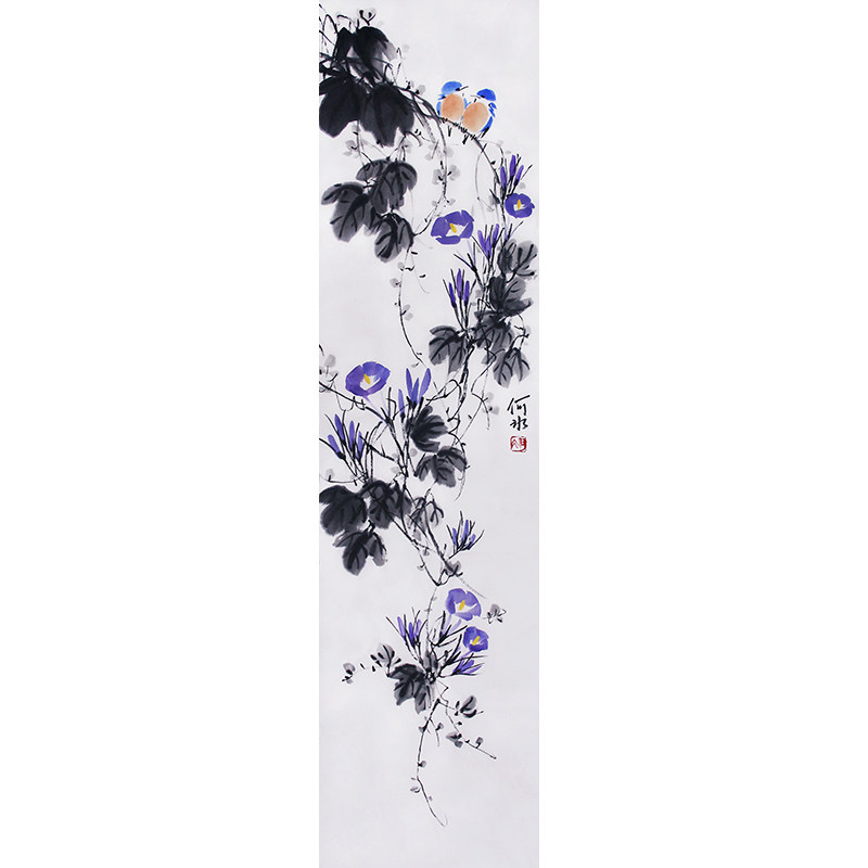 何冰手绘花鸟画牵牛花国画作品宣纸国画条幅挂画字画收藏书画真迹