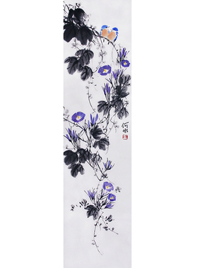 何冰手绘花鸟画牵牛花国画作品宣纸国画条幅挂画字画收藏书画真迹