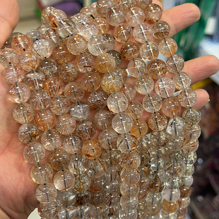 天然高品质冰种黑金超七水晶圆珠 12mm发晶散珠diy手链项链配件