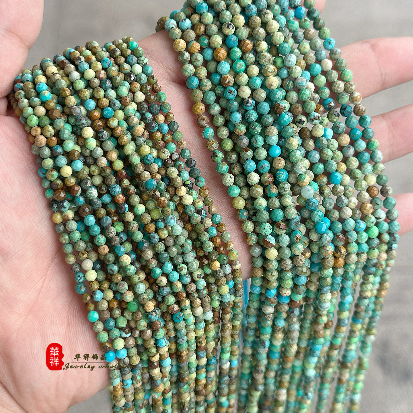 天然2A切面湖北绿松石圆珠 3-4mm刻面蓝松石散珠diy手链项链配件