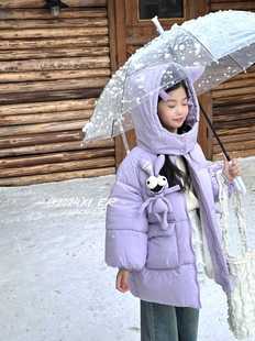 女童冬装棉服新款中童棉衣女孩冬季加厚卡通连帽棉袄外套紫
