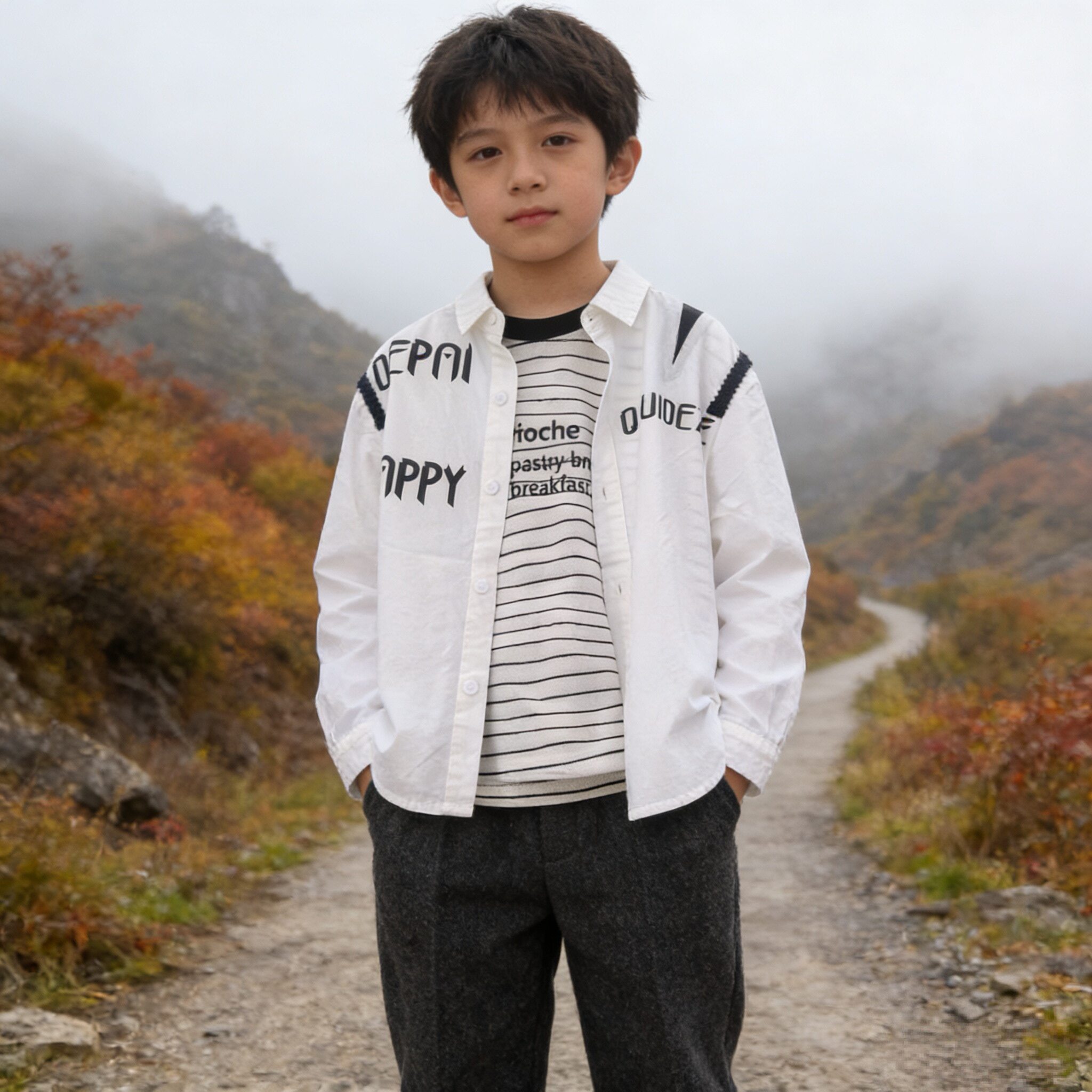琦瑞德泽男中大童纯棉衬衫长袖春秋款男孩上衣洋气字母儿童衬衣