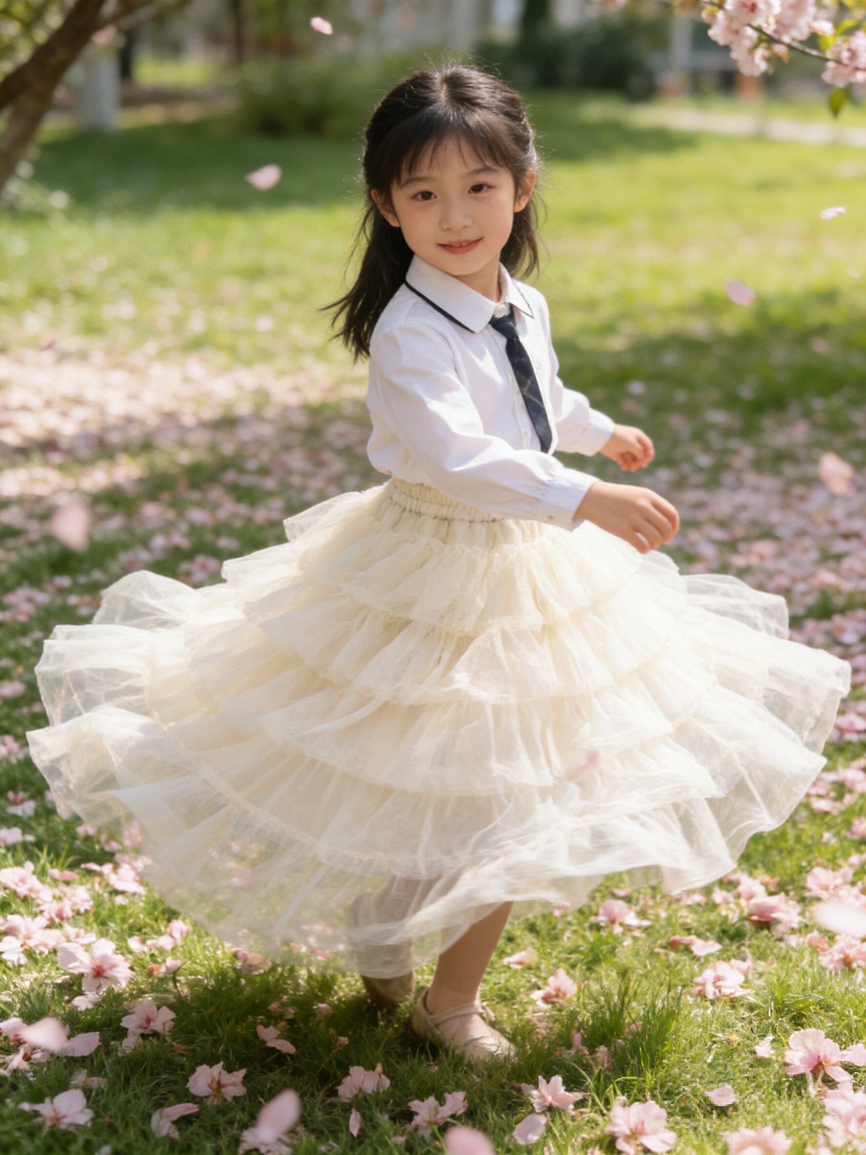 儿童中童半身裙春秋季新款女童纱裙韩版纯色蛋糕裙小女孩洋气长裙