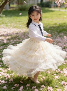 儿童中童半身裙春秋季新款女童纱裙韩版纯色蛋糕裙小女孩洋气长裙
