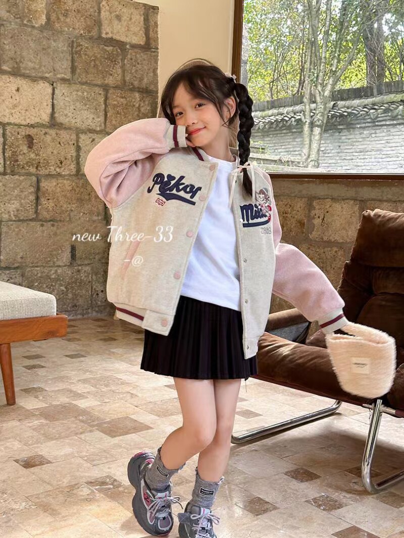 韩版冬装女童中大童夹棉中兔毛呢子外套卡通拼接棒球服休闲棉衣服