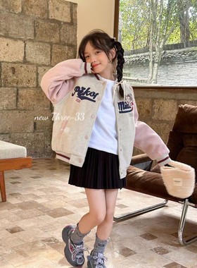 韩版冬装女童中大童夹棉中兔毛呢子外套卡通拼接棒球服休闲棉衣服