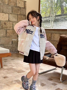 韩版冬装女童中大童夹棉中兔毛呢子外套卡通拼接棒球服休闲棉衣服