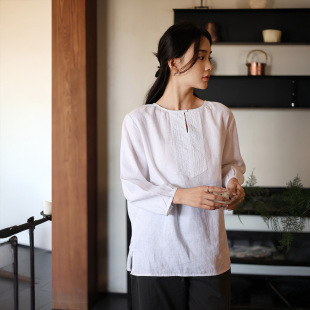 亚麻上衣百搭宽松设计感纯色透气衬衫 栖棠.春 简约文艺圆领七分袖