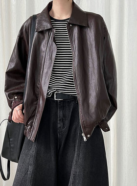 鹿西 美式复古潮牌机车服夹克女25秋季新款感pu皮衣外套9769