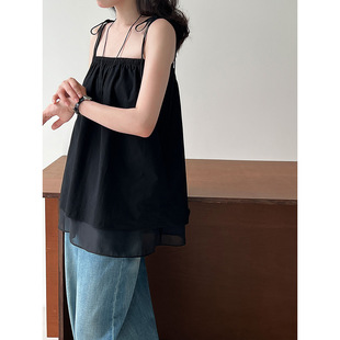 鹿西 设计感一字肩背心吊带女夏季新款网纱拼接短裙两种穿法3653