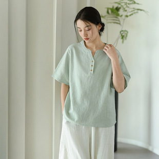 栖棠.夏 T恤女简约百搭宽松透气通勤上衣 原创复古文艺苎麻V领短袖