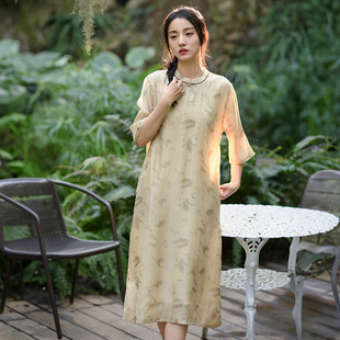 女装夏季新款新中式旗袍中国风棉麻连衣裙感女士复古茶服