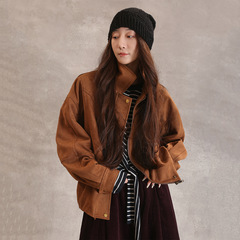 秋冬女加厚麂皮绒翻领夹克短款外套拉链开衫休闲宽松棕色MD5233