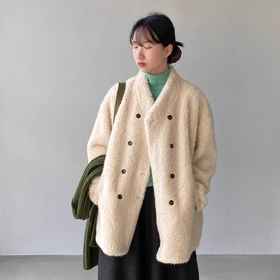 自制2025冬季新款韩版高品质羊羔毛女双排扣中长款泰迪熊保暖大衣