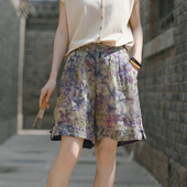 女中国风休闲阔腿裤 新中式 新款 苎麻印花外穿a字短裤 裤 子女夏季